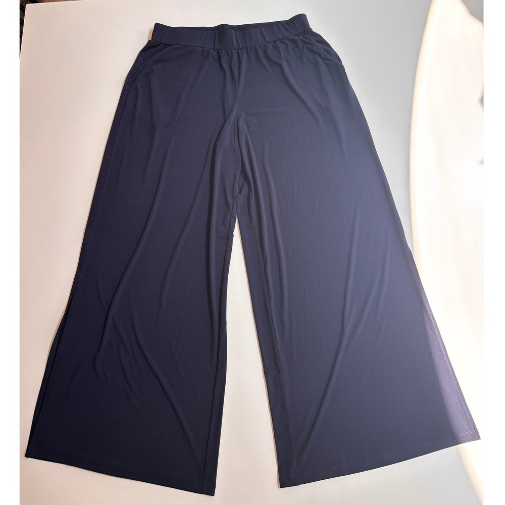 Navy Blue Wide Leg‎ Elastic Waist Trousers with Pockets Relaxed Fit Pants Medium